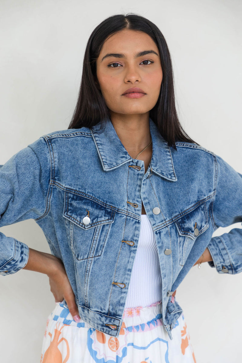 Dexter Denim Biker Crop Jacket - Mid Wash - The Self Styler