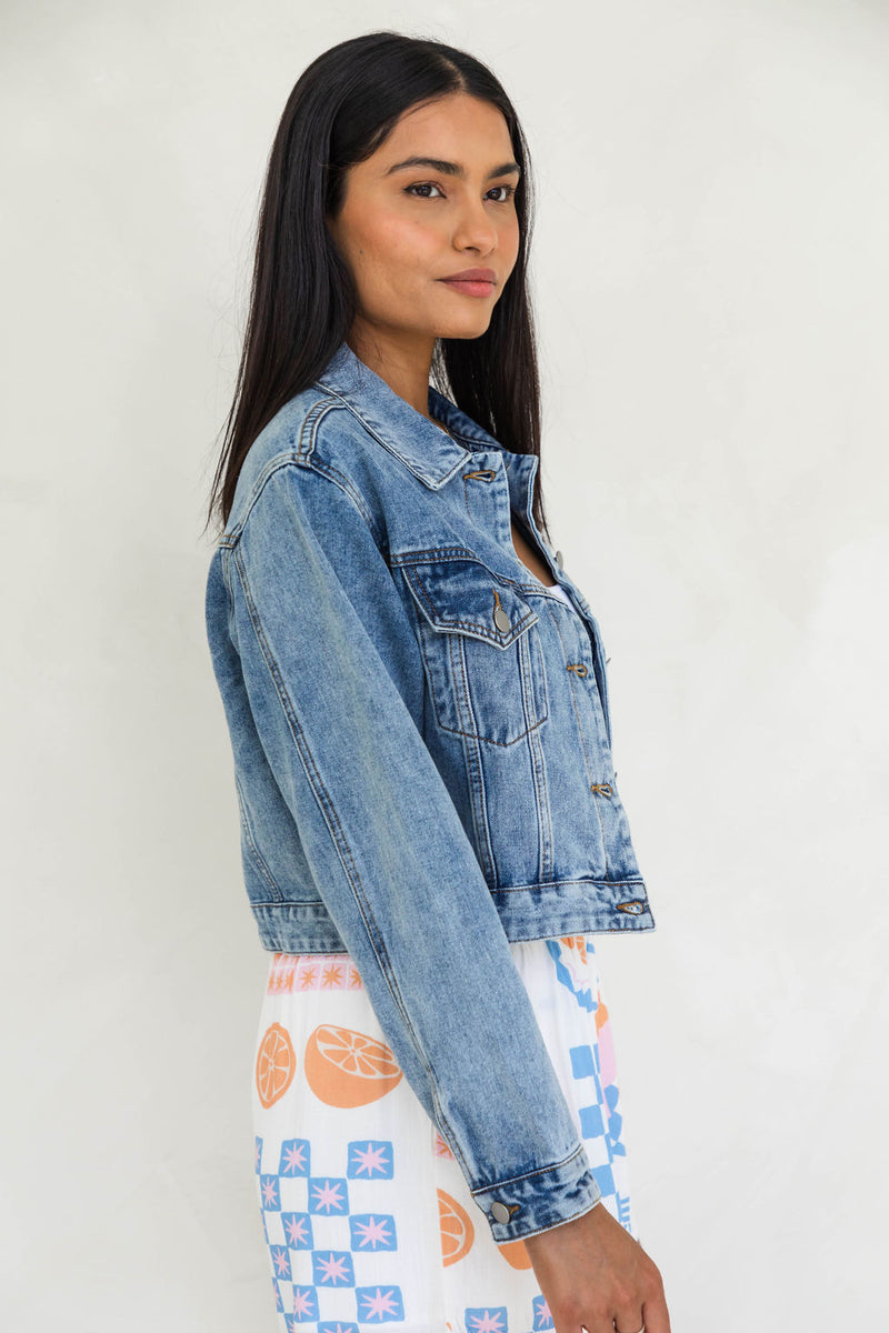 Dexter Denim Biker Crop Jacket - Mid Wash - The Self Styler