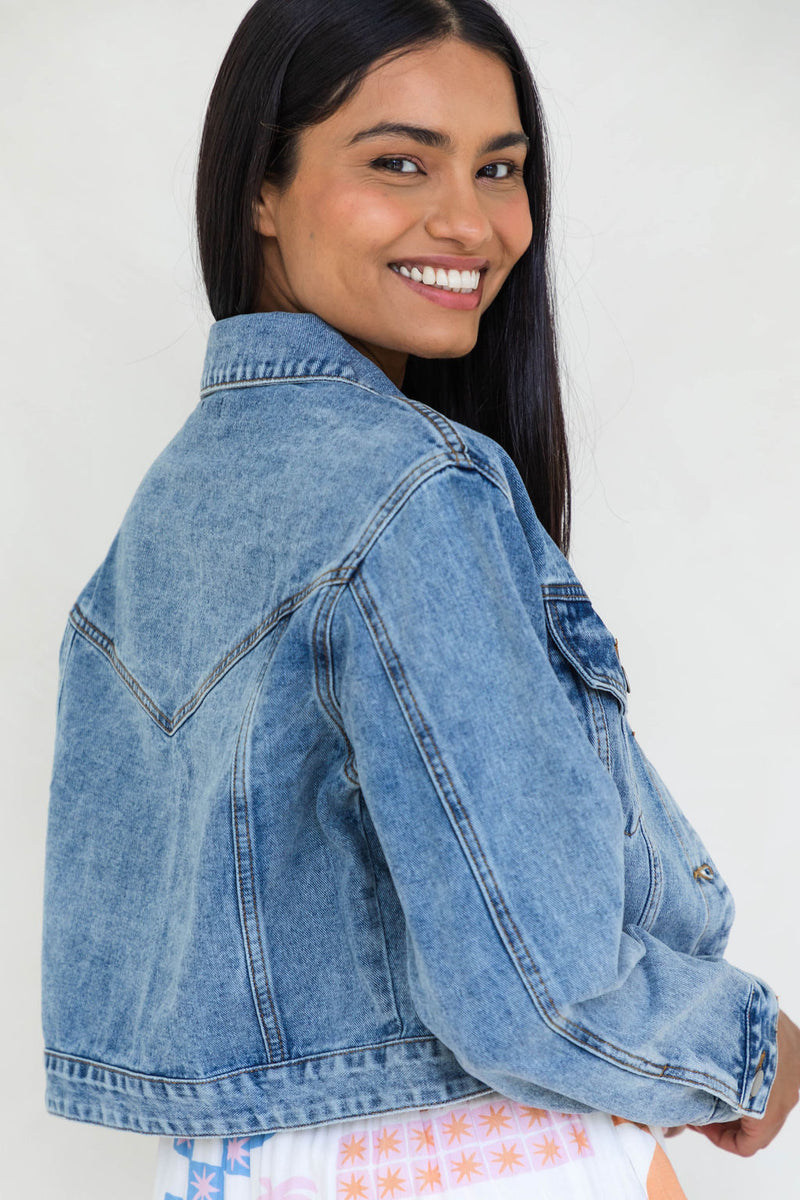 Dexter Denim Biker Crop Jacket - Mid Wash - The Self Styler