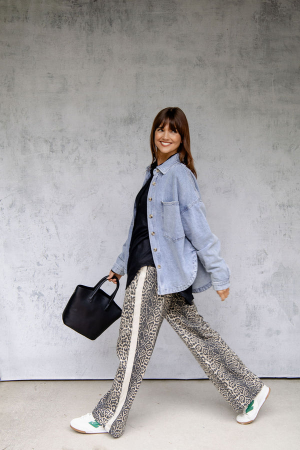 Arlo Wide-Leg Denim Stripe Pants -  Leopard Print - The Self Styler