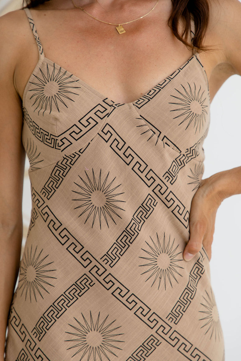Kirrah Bias Cut Dress - Sun Print - Mocha - The Self Styler