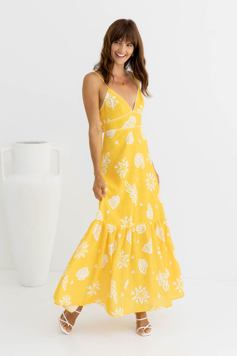 Daybreak Midi Dress - Yellow Shell Print - The Self Styler