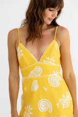 Daybreak Midi Dress - Yellow Shell Print - The Self Styler