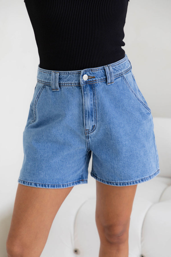 1 Charlie High-Rise Denim Shorts - Mid Wash - The Self Styler
