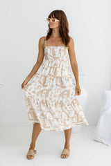 Naomi Midi Dress - Beige Abstract Palm Print - The Self Styler