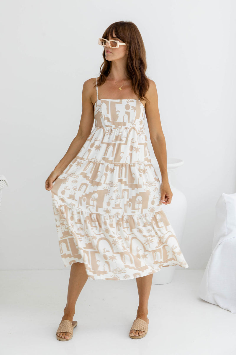 Naomi Midi Dress - Beige Abstract Palm Print - The Self Styler