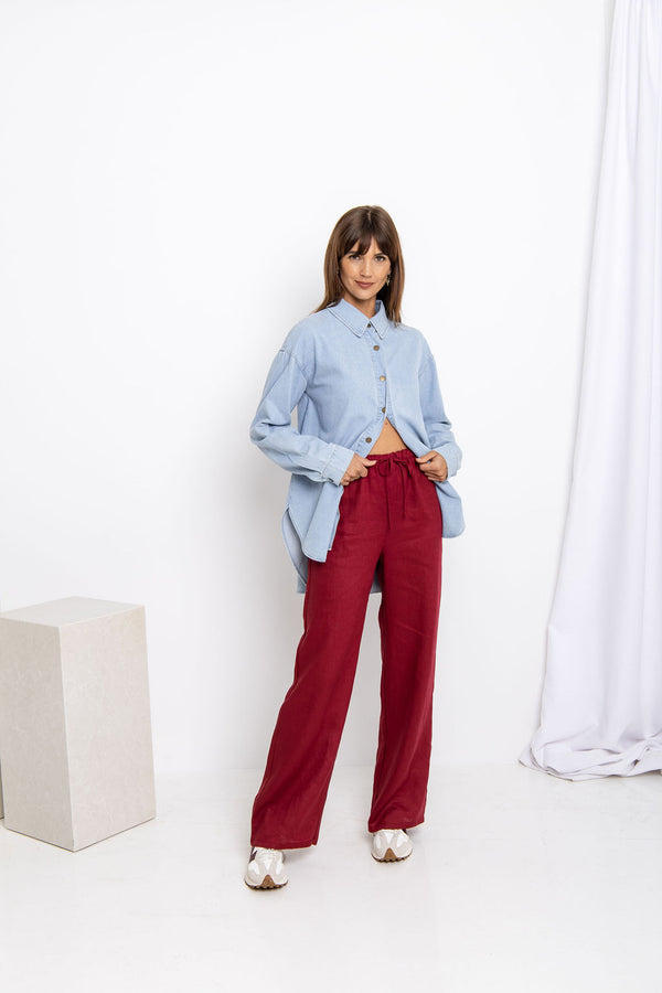 Sommer Straight-Leg Linen Pants - Burgundy - The Self Styler