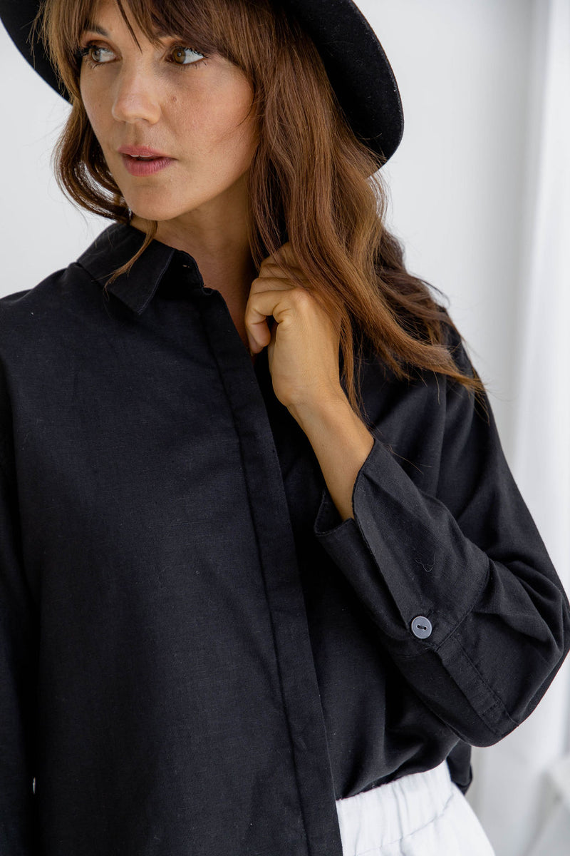 Mila Linen Shirt - Black - The Self Styler