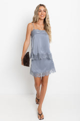 Ivy Satin Lace Mini Skirt - Steel Blue - The Self Styler