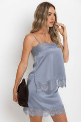 Ivy Satin Lace Mini Skirt - Steel Blue - The Self Styler