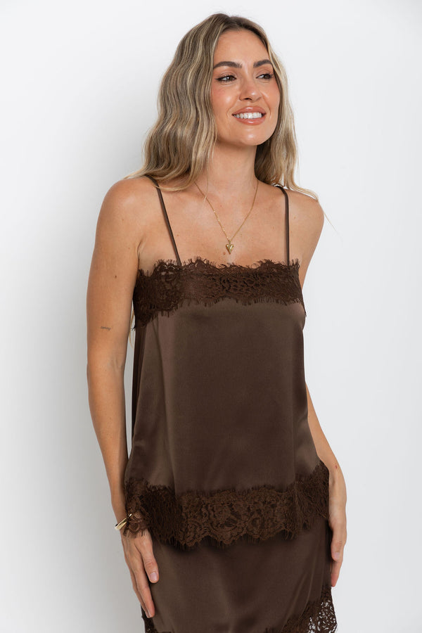 Elce Satin Lace Cami Top - Chocolate