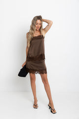 Ivy Satin Lace Mini Skirt - Chocolate - The Self Styler