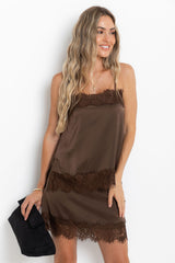 Ivy Satin Lace Mini Skirt - Chocolate - The Self Styler