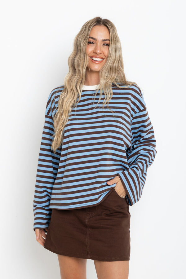 Benni Stripe Long Sleeve Top - Blue and Chocolate