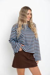 Benni Stripe Long Sleeve Top - Blue and Chocolate - The Self Styler