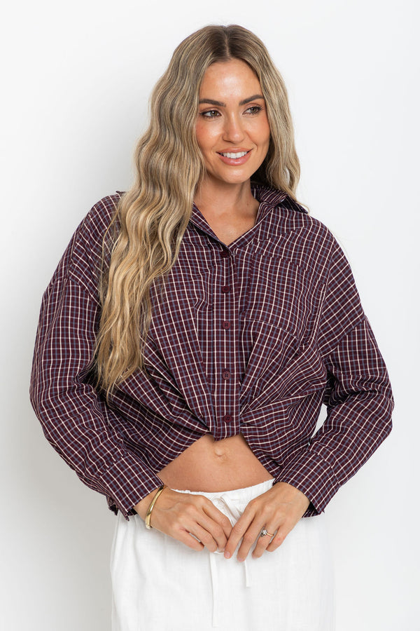 Arlo Cropped Tuck Check Shirt - Burgundy