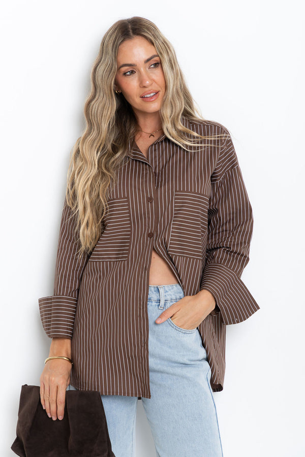 Zali Relaxed-Fit Stripe Shirt - Chocolate and White