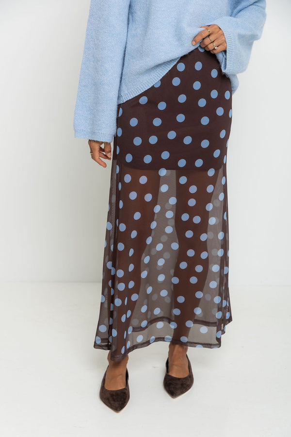 Evie Polka Dot Maxi Skirt - Choc and Blue