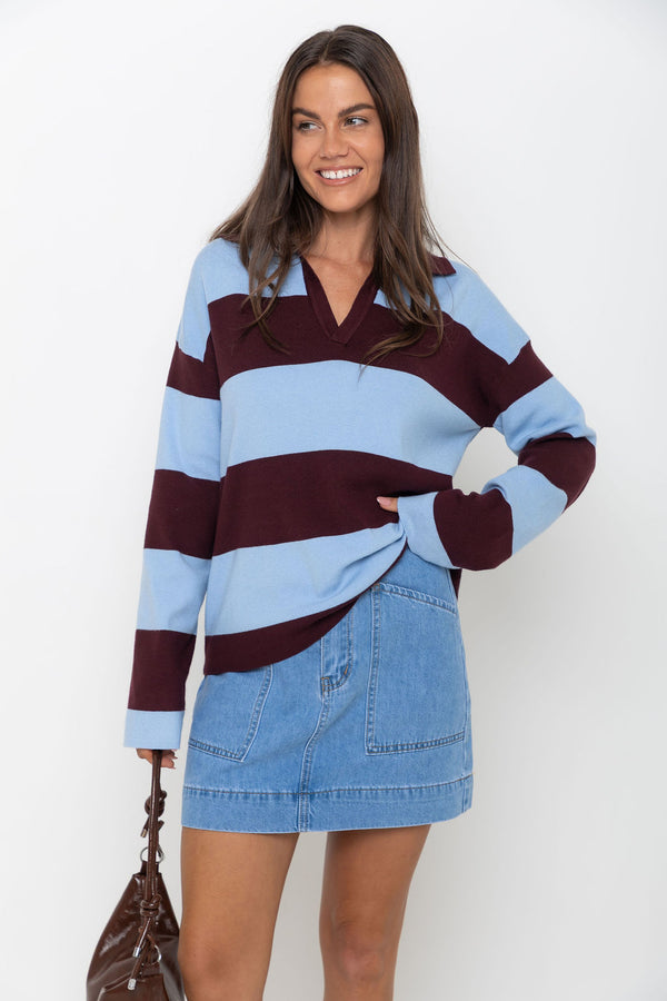 Taylor Rugby Stripe Polo Knit - Blue and Plum