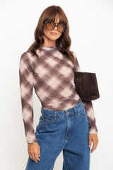 Zara Mesh Long Sleeve Top - Choc Brown Check - The Self Styler