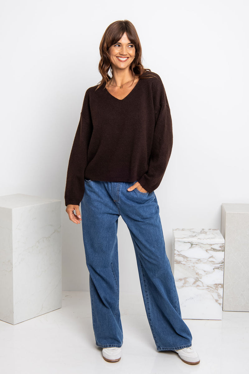 Zoe V-Neck Knit Jumper - Chocolate - The Self Styler