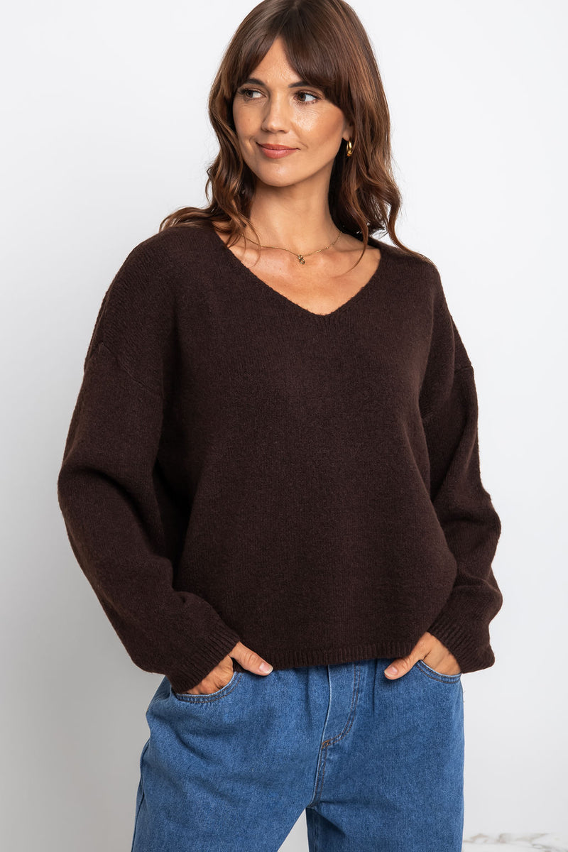 Zoe V-Neck Knit Jumper - Chocolate - The Self Styler