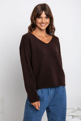 Zoe V-Neck Knit Jumper - Chocolate - The Self Styler