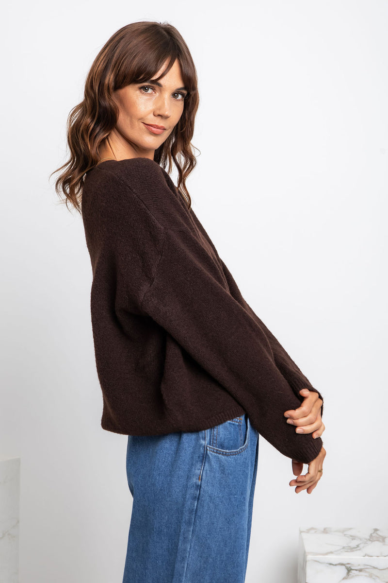 Zoe V-Neck Knit Jumper - Chocolate - The Self Styler