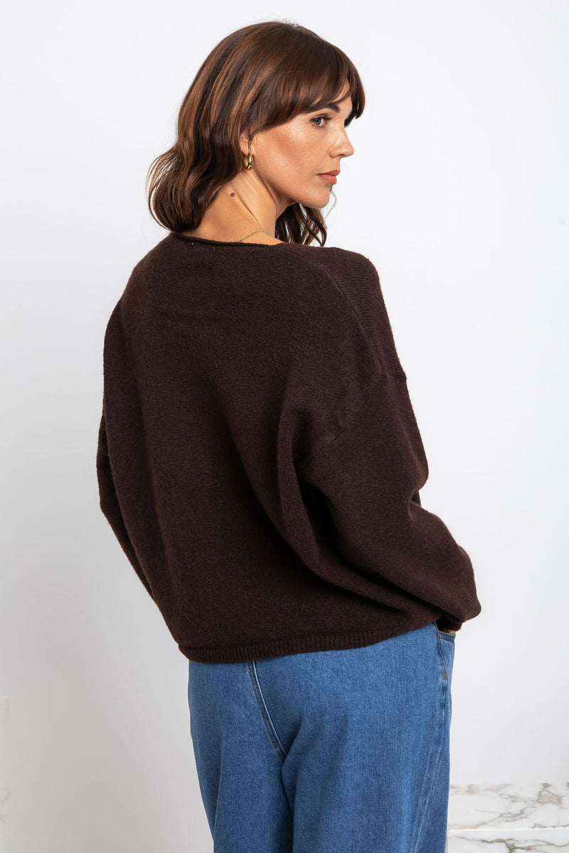 Zoe V-Neck Knit Jumper - Chocolate - The Self Styler