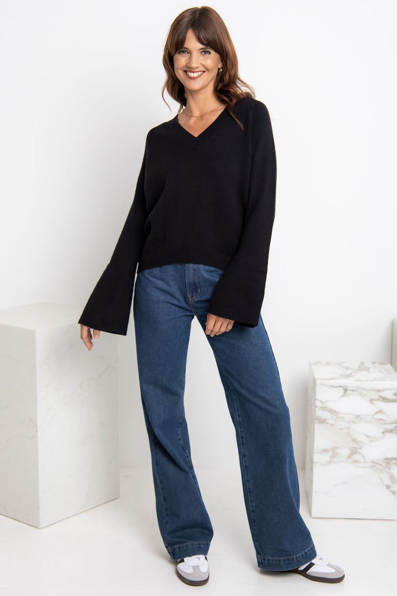 Ava V-Neck Knit Jumper - Black - The Self Styler