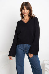 Ava V-Neck Knit Jumper - Black - The Self Styler