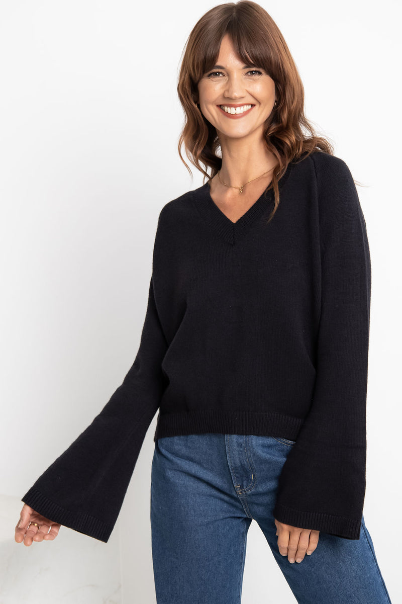 Ava V-Neck Knit Jumper - Black - The Self Styler