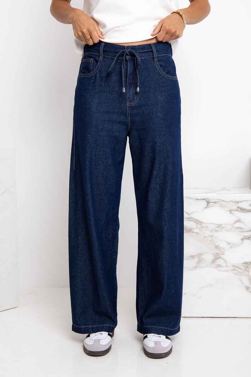 Kennedy Tie-Waist Wide-Leg Jeans - Indigo - The Self Styler