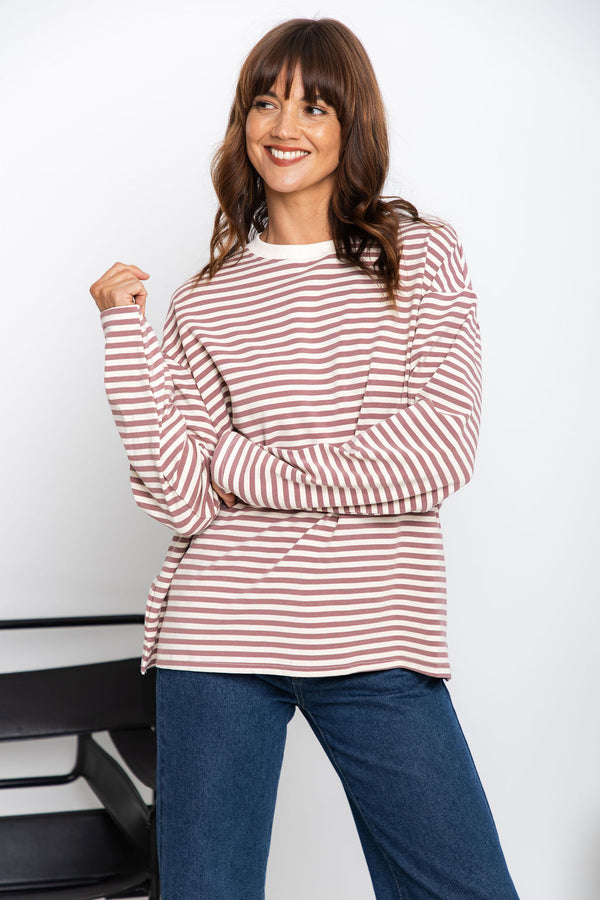 Leo Long Sleeve Top - Cream and Pink Stripe - The Self Styler