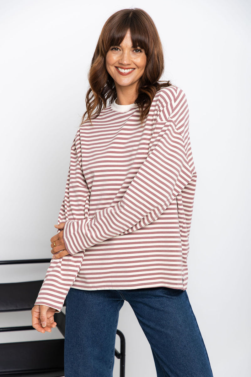 Leo Long Sleeve Top - Cream and Pink Stripe - The Self Styler