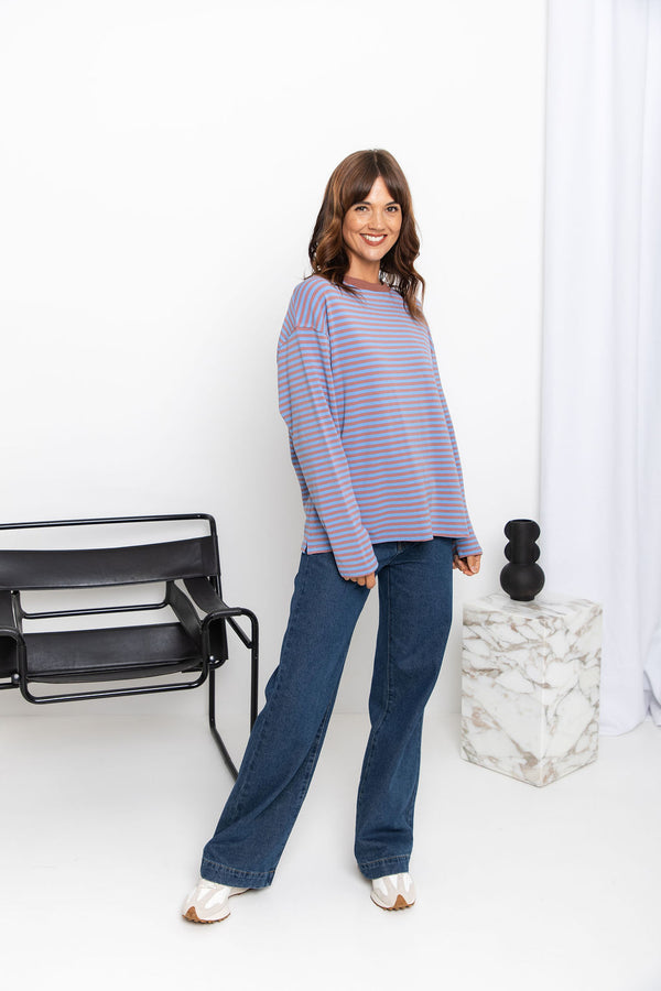 Leo Long Sleeve Top - Blue and Choc Stripe - The Self Styler