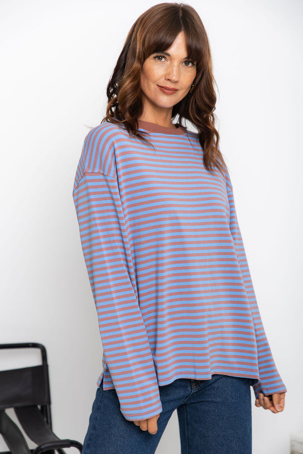 Leo Long Sleeve Top - Blue and Choc Stripe - The Self Styler
