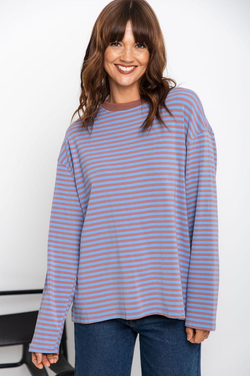 Leo Long Sleeve Top - Blue and Choc Stripe - The Self Styler