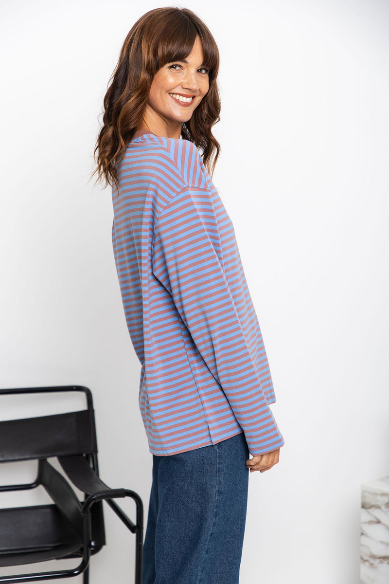 Leo Long Sleeve Top - Blue and Choc Stripe - The Self Styler