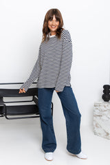 Leo Long Sleeve Top - White and Navy Stripe - The Self Styler