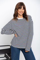 Leo Long Sleeve Top - White and Navy Stripe - The Self Styler