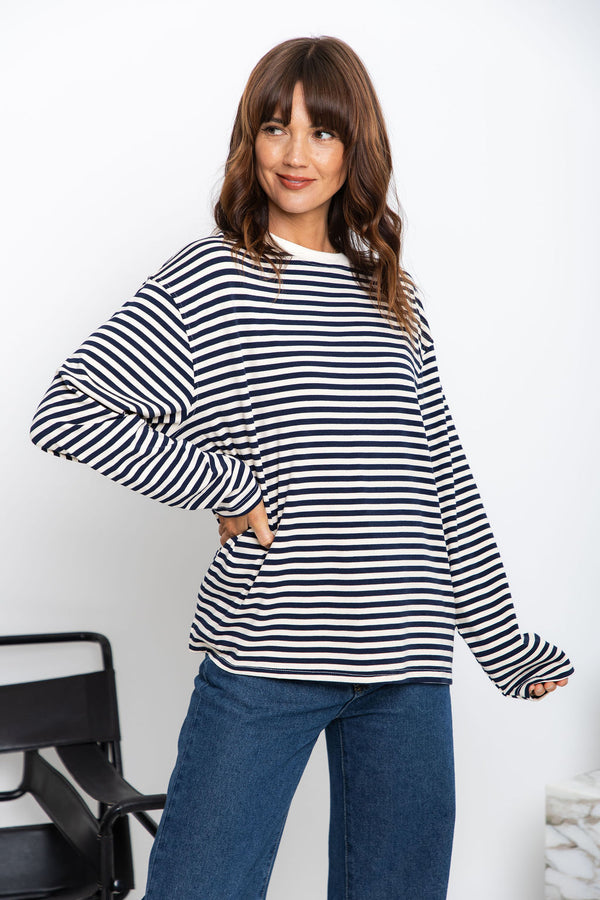 Leo Long Sleeve Top - White and Navy Stripe - The Self Styler