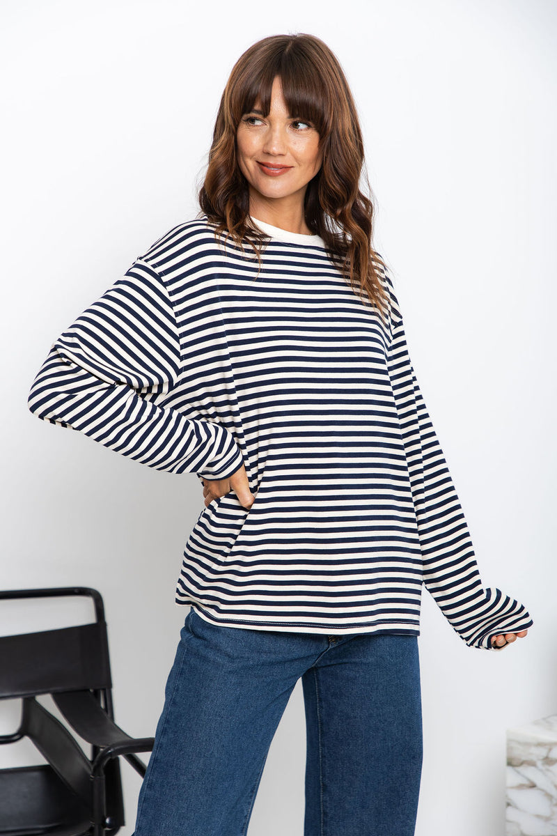 Leo Long Sleeve Top - White and Navy Stripe - The Self Styler
