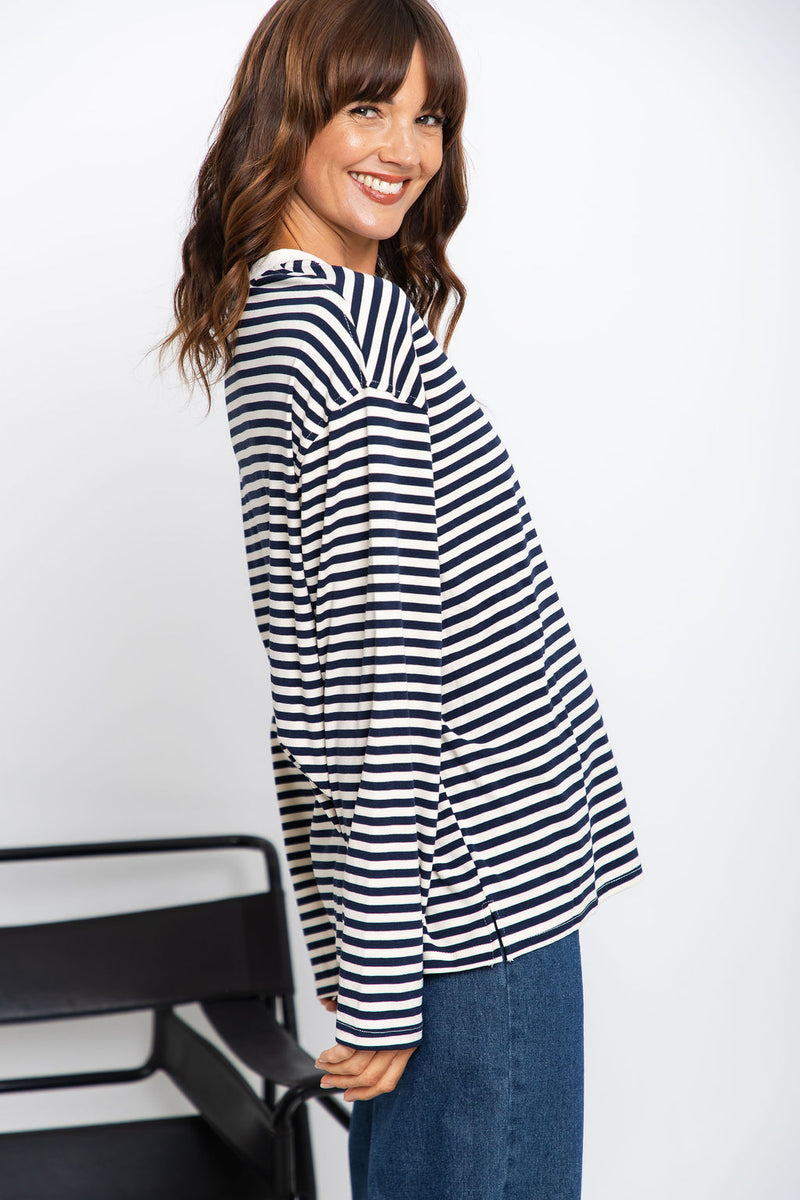 Leo Long Sleeve Top - White and Navy Stripe - The Self Styler