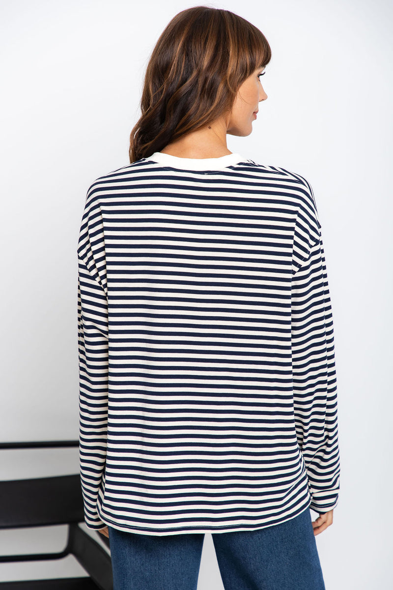 Leo Long Sleeve Top - White and Navy Stripe - The Self Styler