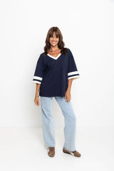 Stevie Relaxed-Fit V-Neck Tee - Navy and Butter - The Self Styler
