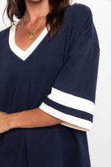 Stevie Relaxed-Fit V-Neck Tee - Navy and Butter - The Self Styler