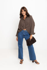 Arlo Cropped Tuck Check Shirt - Chocolate - The Self Styler