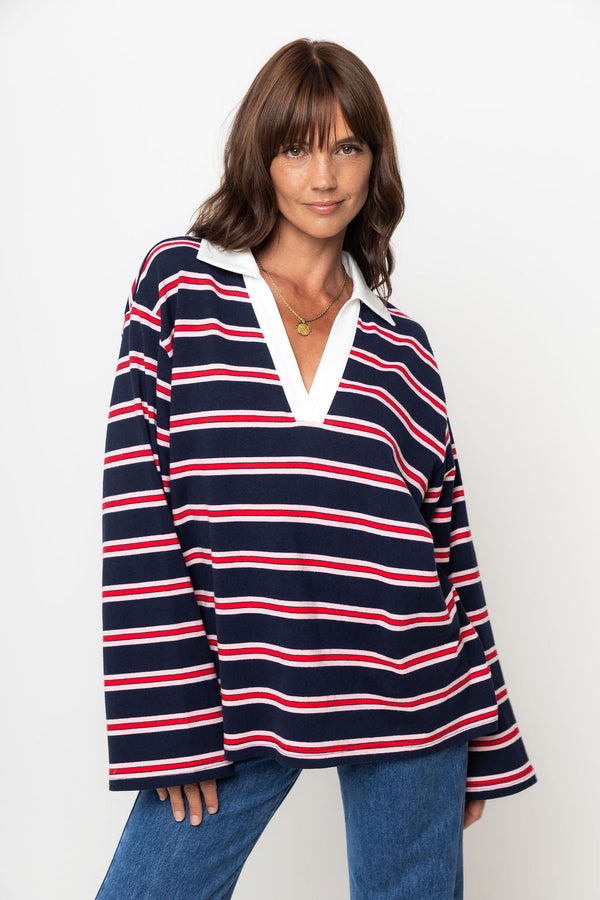 Addison Rugby Polo Top - Navy, Red & Pink Stripes