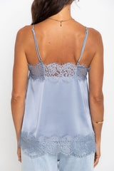 Elce Satin Lace Cami Top - Steel Blue - The Self Styler